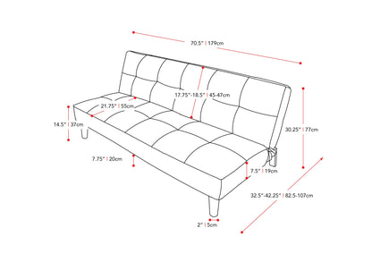 Beige futon sofa bed with tufted cushions, wooden legs, and a convertible design for modern living spaces.