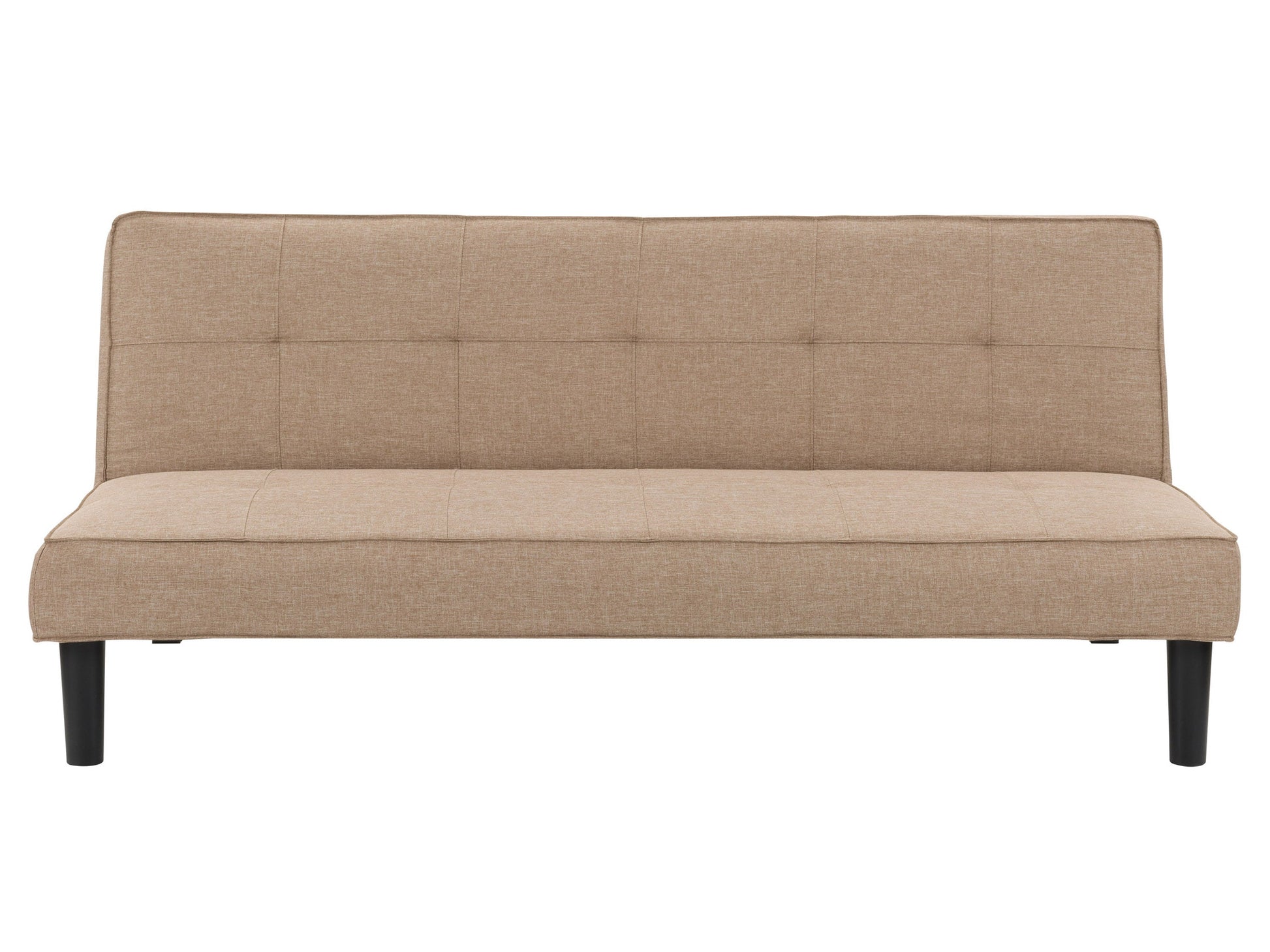 Beige futon sofa bed with wooden legs, tufted cushions, and convertible design for modern living rooms.