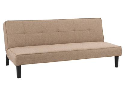 Beige futon sofa bed with wooden legs and tufted cushions, convertible design for modern living spaces.