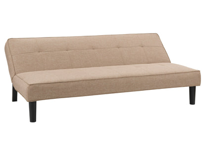 Beige futon sofa bed with wooden legs, tufted cushions, and multifunctional design for small spaces.