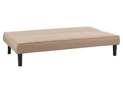 Beige futon sofa bed with wooden legs, tufted cushions, and multifunctional design.