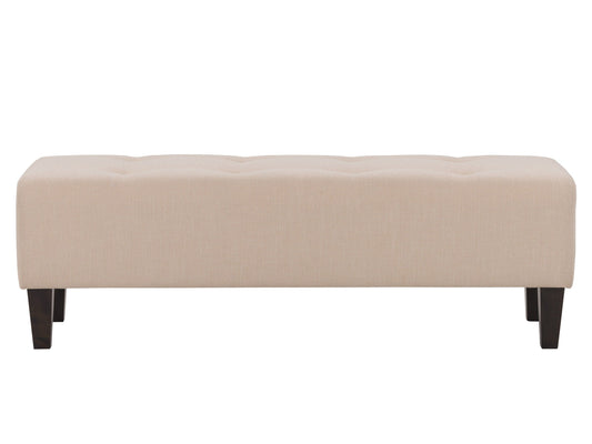 Cream accent bench with cushioned seat, wooden legs, and minimalist design for modern living spaces.