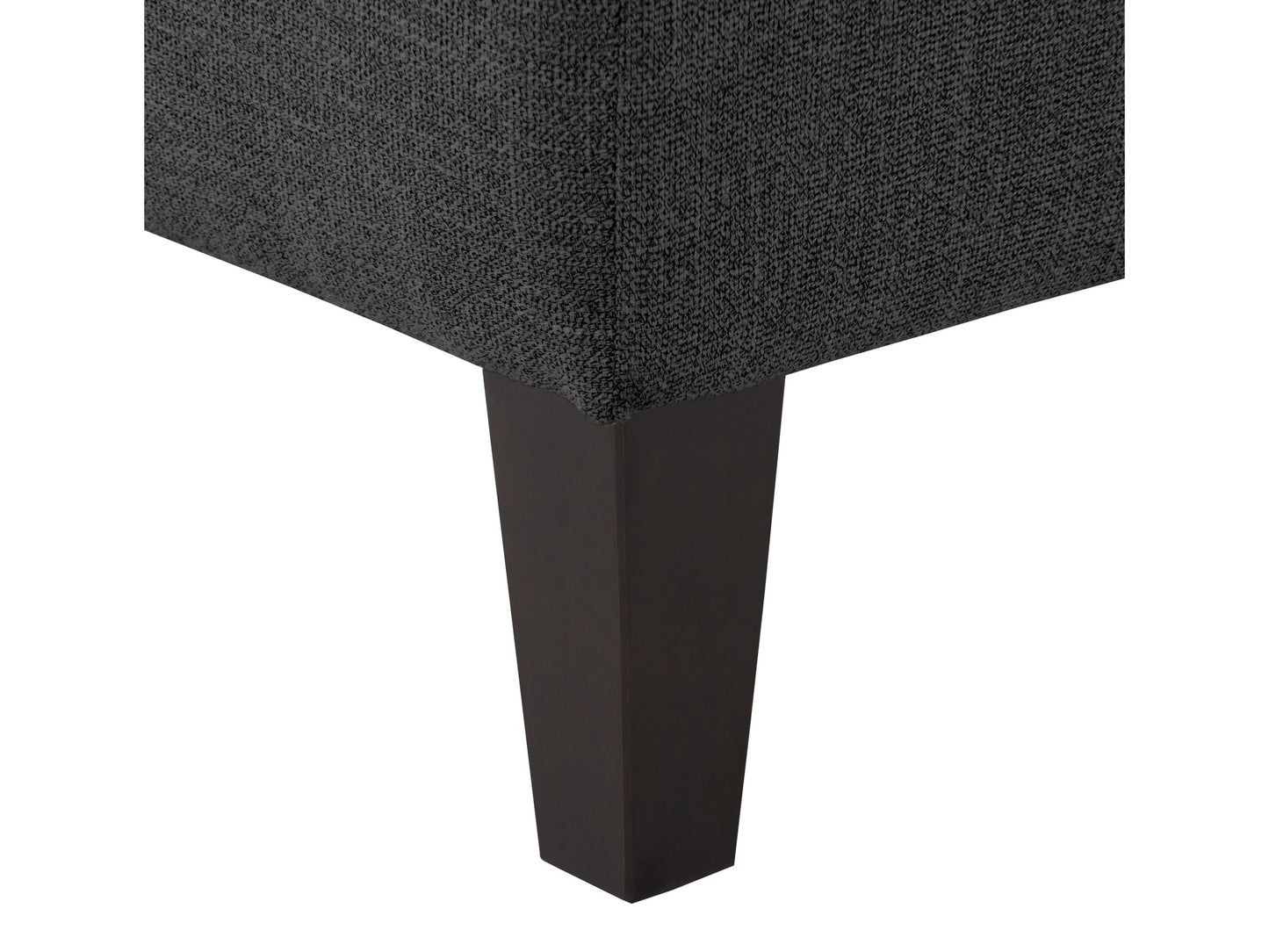 Dark grey fabric accent bench with wooden legs, tufted seat, and modern minimalist design.