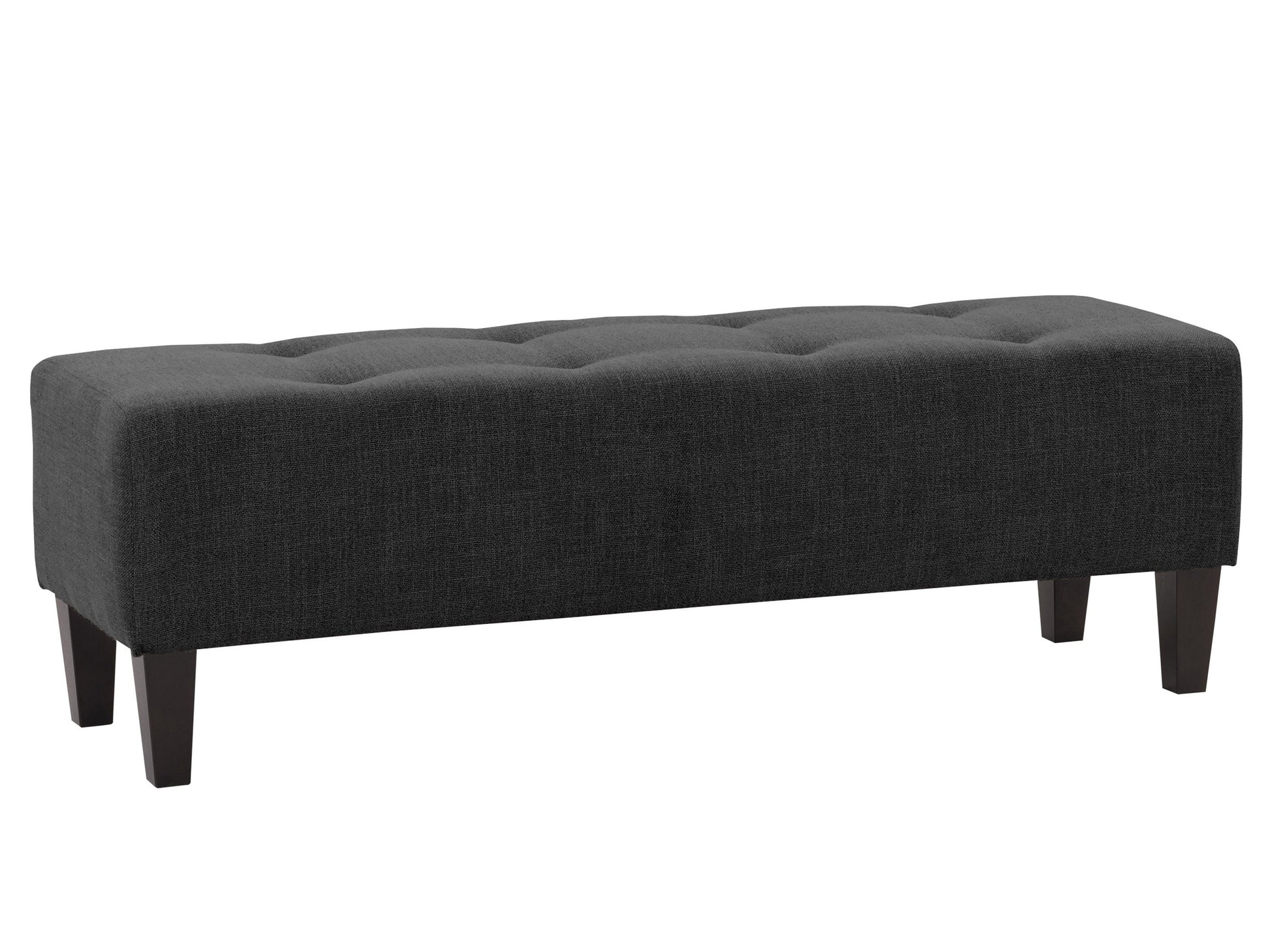 Dark grey accent bench with tufted fabric seat, wooden legs, and modern design.