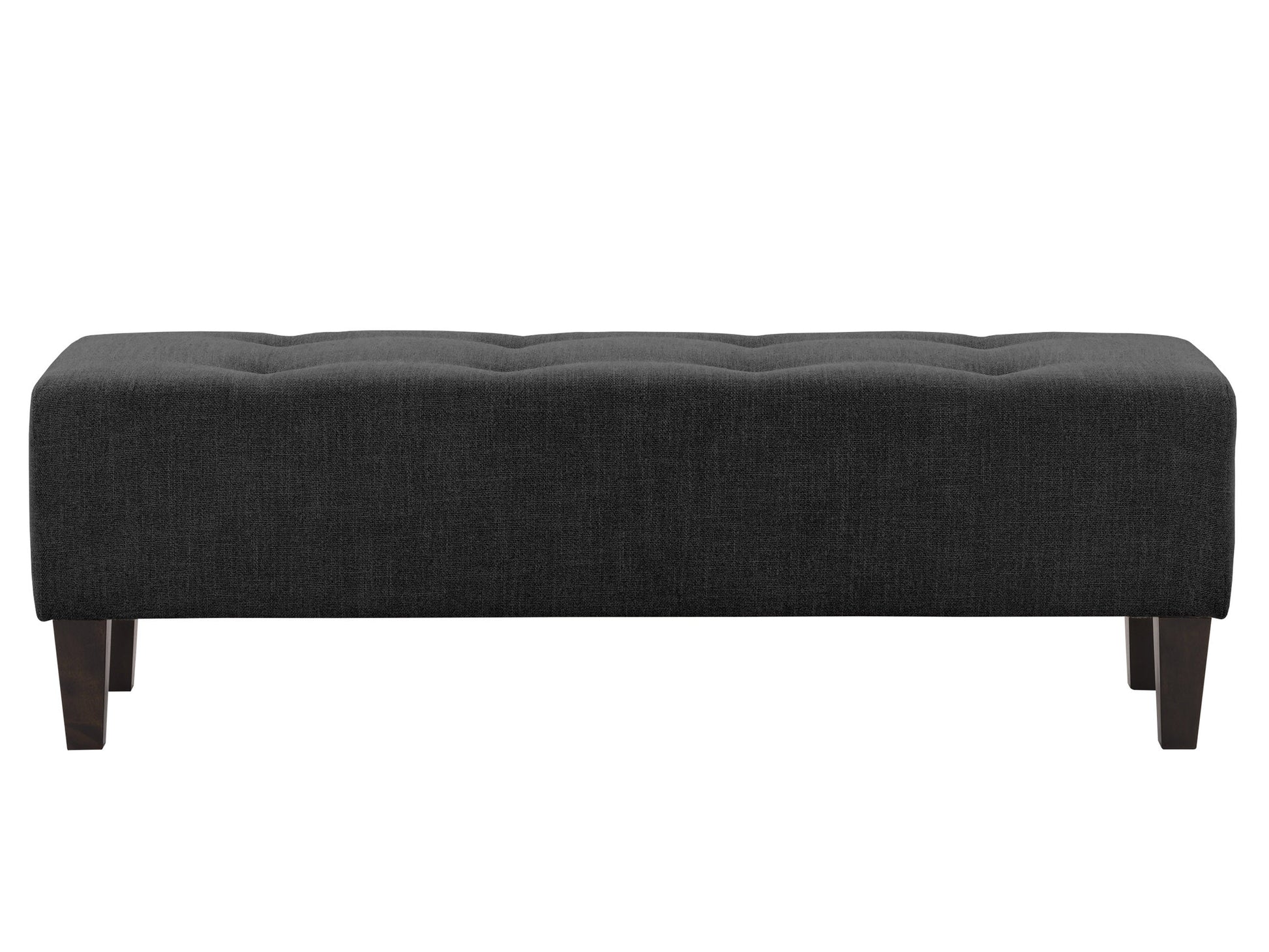 Dark grey fabric accent bench with wooden legs and tufted cushion for modern living room or entryway.