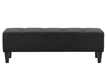 Dark grey fabric accent bench with wooden legs and tufted cushion for modern living room or entryway.