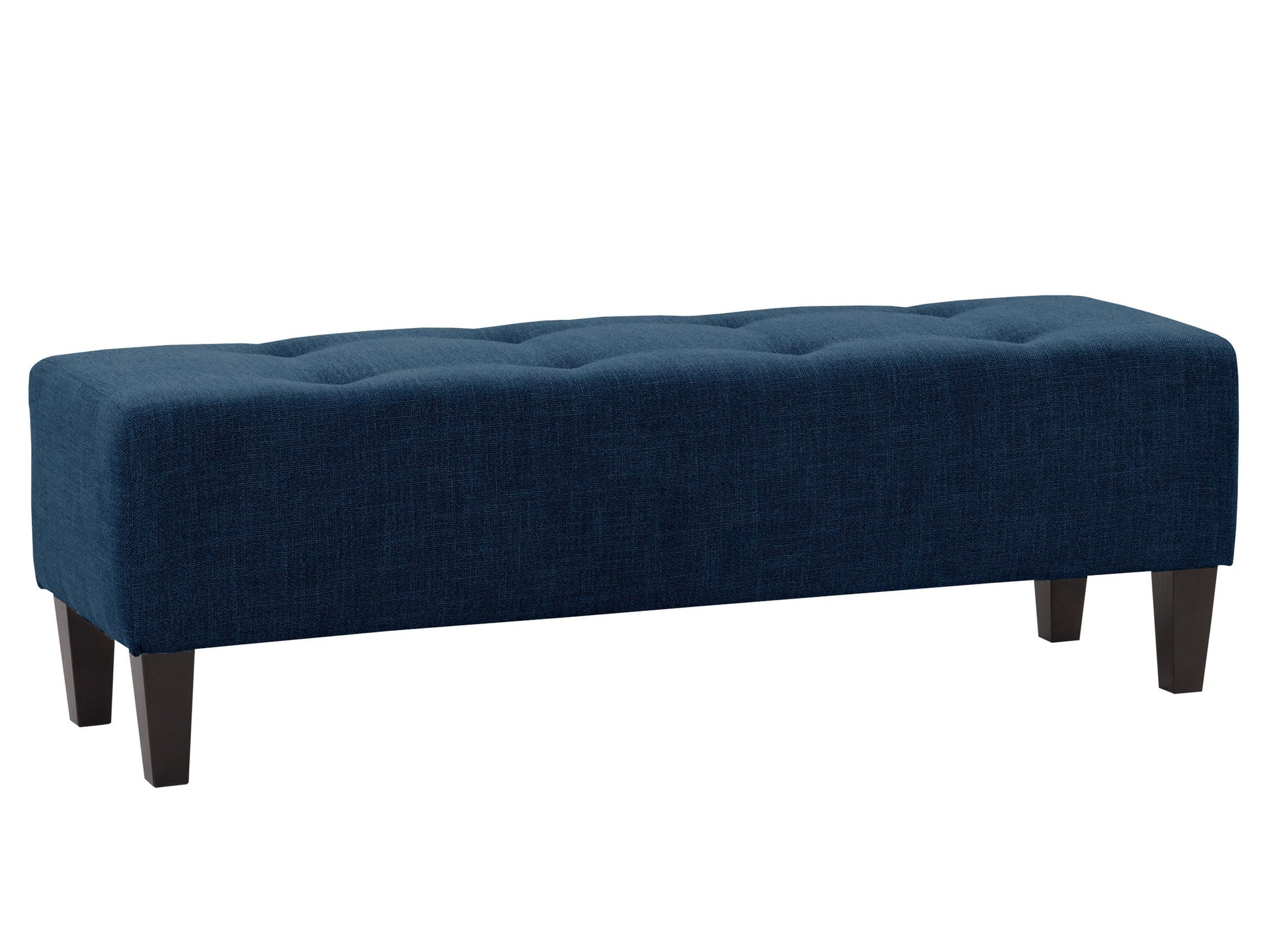 Navy blue accent bench with tufted velvet upholstery and sleek gold metal legs.