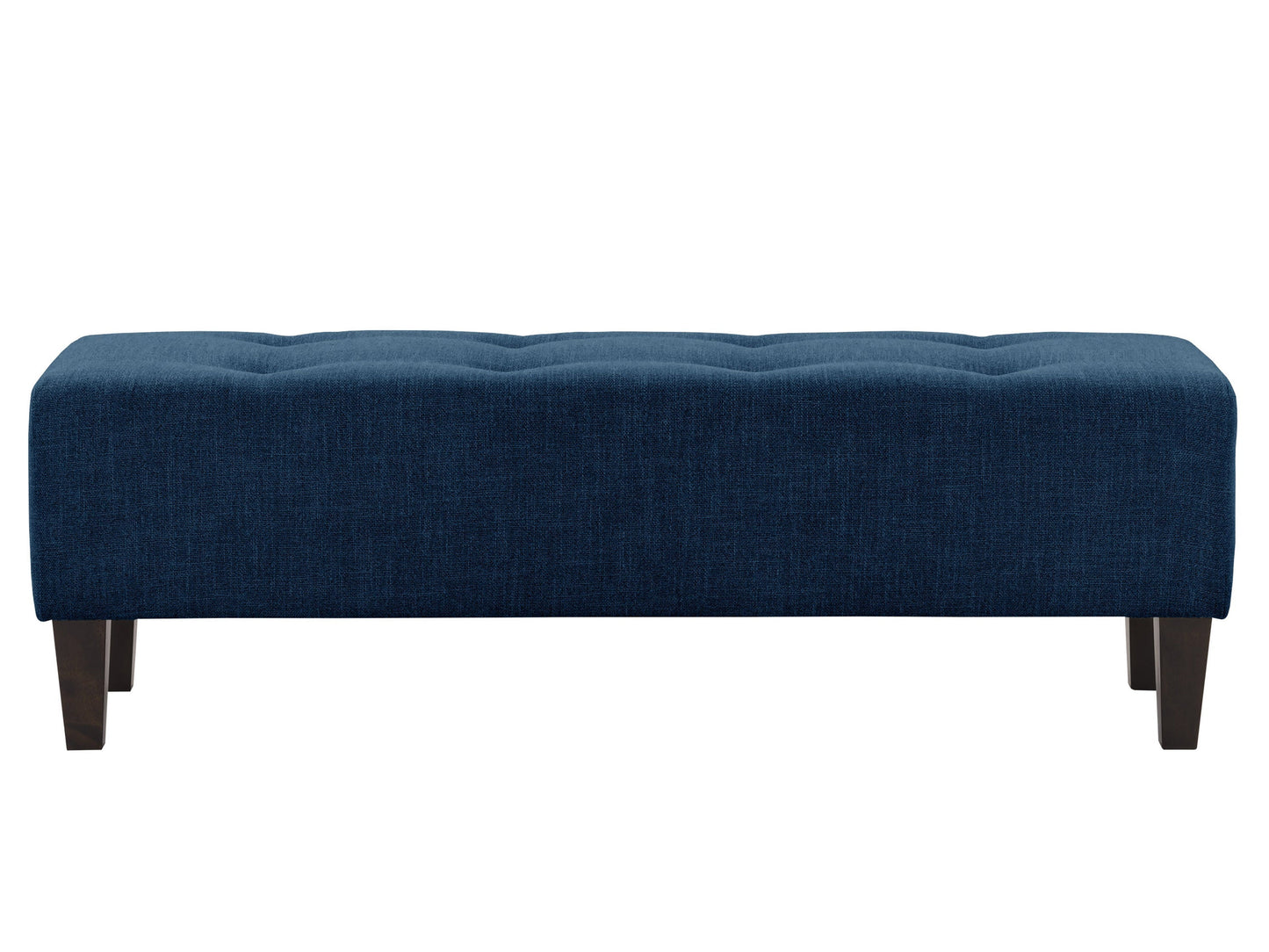 Navy blue accent bench with tufted cushions and wooden legs, perfect for modern living rooms or entryways.