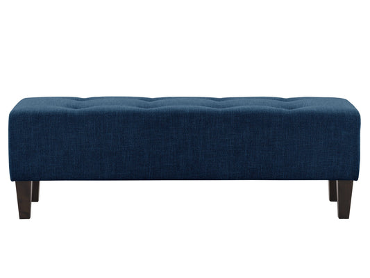 Navy blue accent bench with tufted cushions and wooden legs, perfect for modern living rooms or entryways.