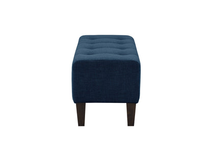 Navy blue accent bench with plush velvet upholstery, sleek gold metal legs, and modern design.