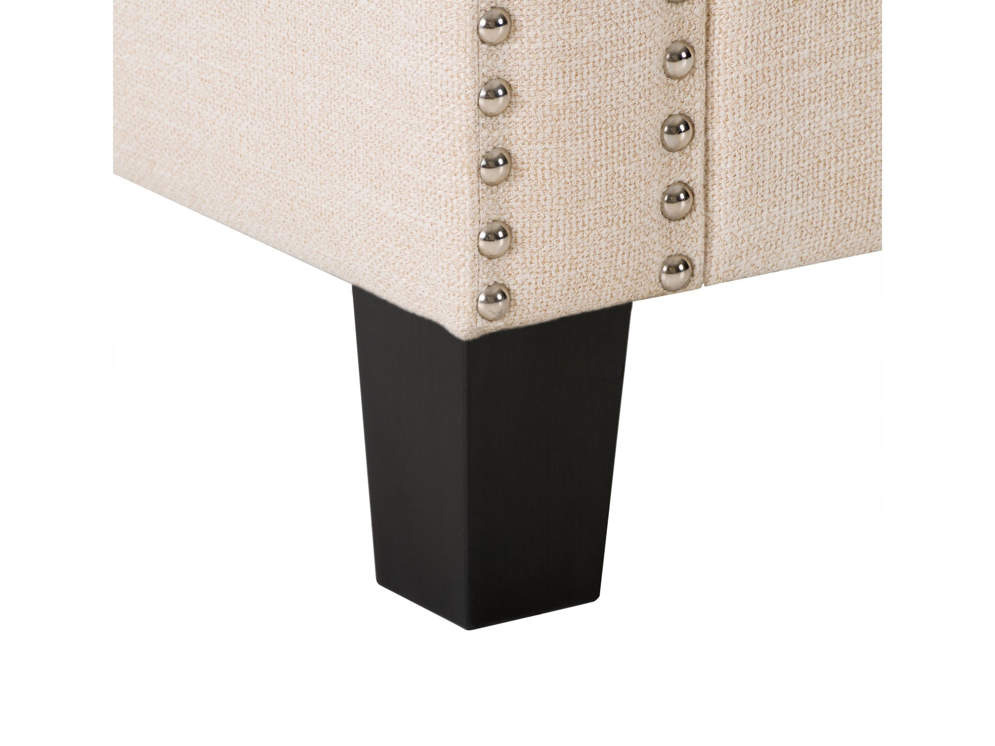 Beige storage ottoman with tufted top, wooden legs, and spacious interior compartment.