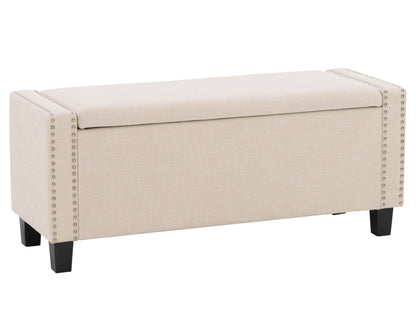 Beige storage ottoman with tufted fabric, wooden legs, and hidden compartment for versatile home decor.