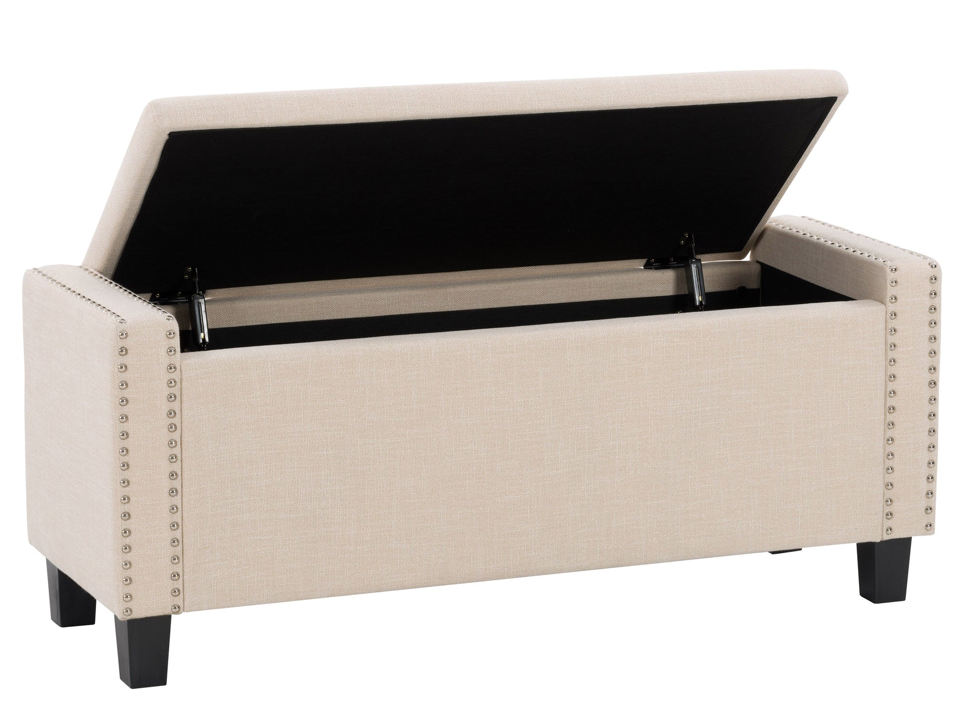 Beige storage ottoman with tufted fabric, wooden legs, and spacious interior compartment.