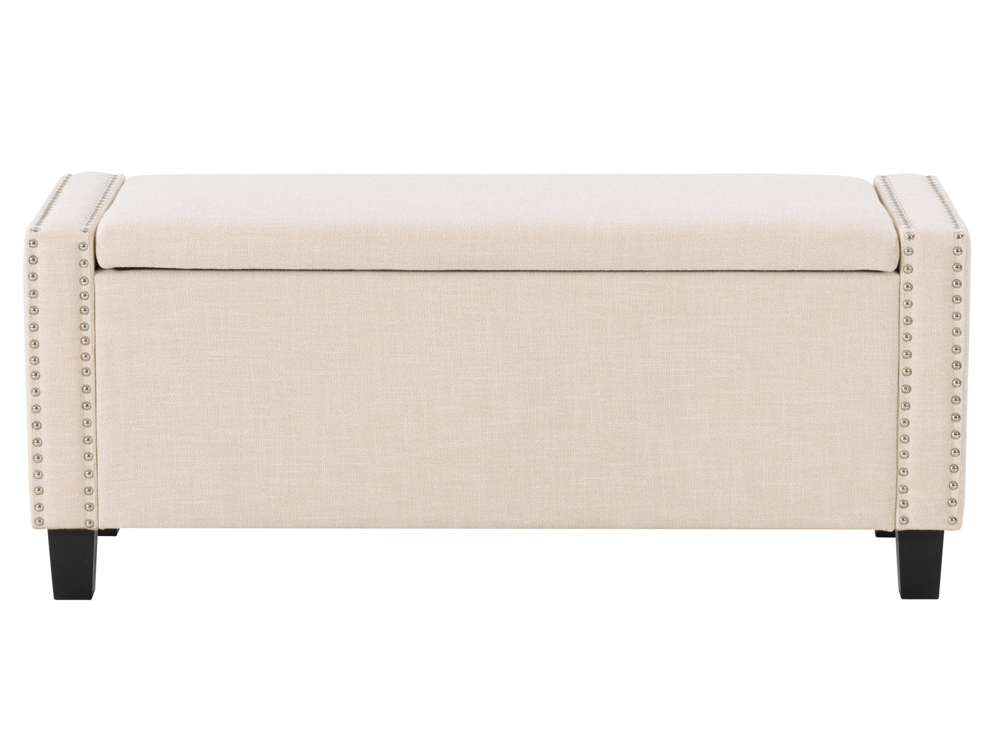 Beige storage ottoman with tufted fabric, wooden legs, and hidden compartment for living room or bedroom.