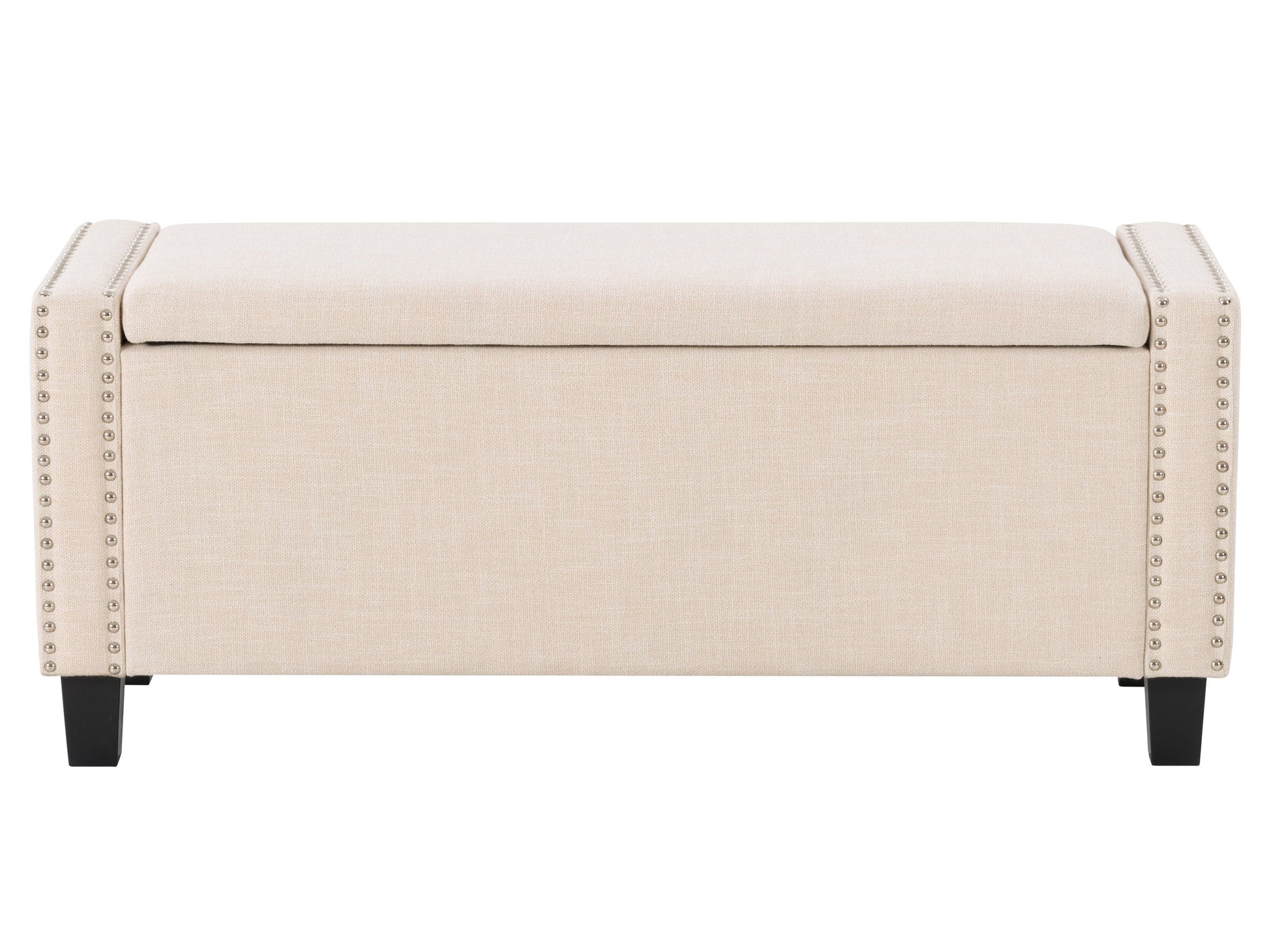 Beige storage ottoman with tufted fabric, wooden legs, and hidden compartment for living room or bedroom.