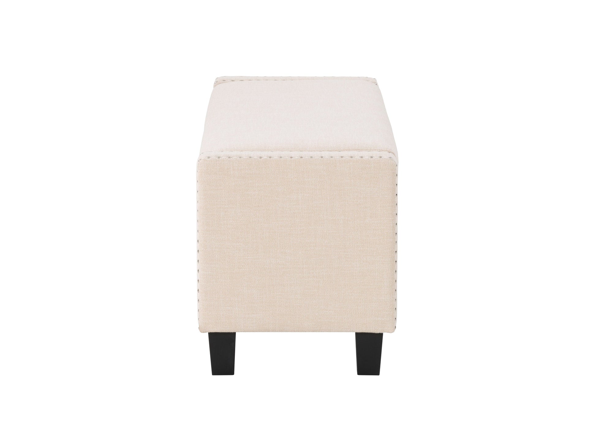 Beige storage ottoman with tufted fabric, wooden legs, and versatile design for living room or bedroom.