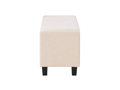 Beige storage ottoman with tufted fabric, wooden legs, and versatile design for living room or bedroom.