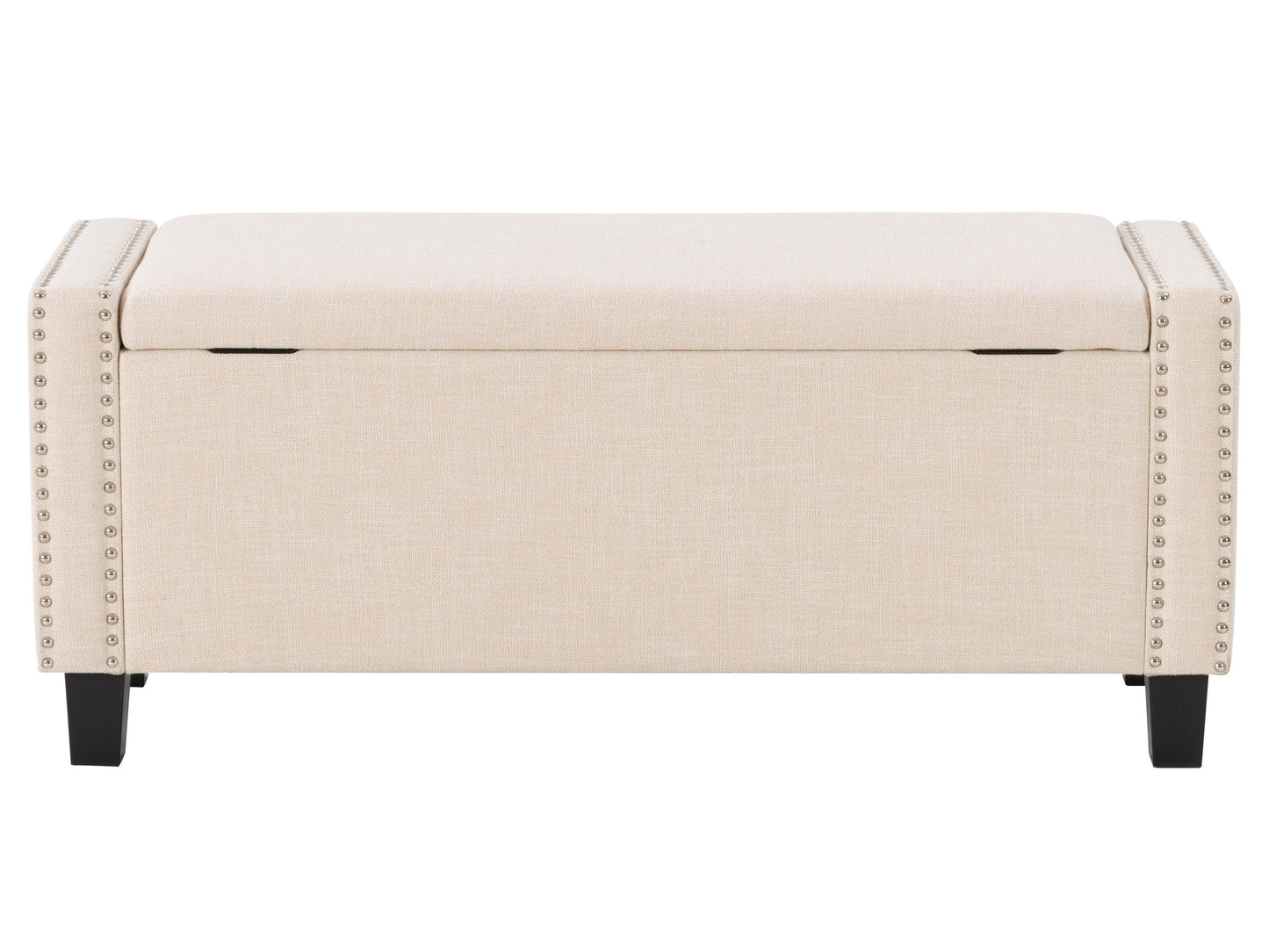 Beige storage ottoman with tufted top, wooden legs, and spacious interior compartment.