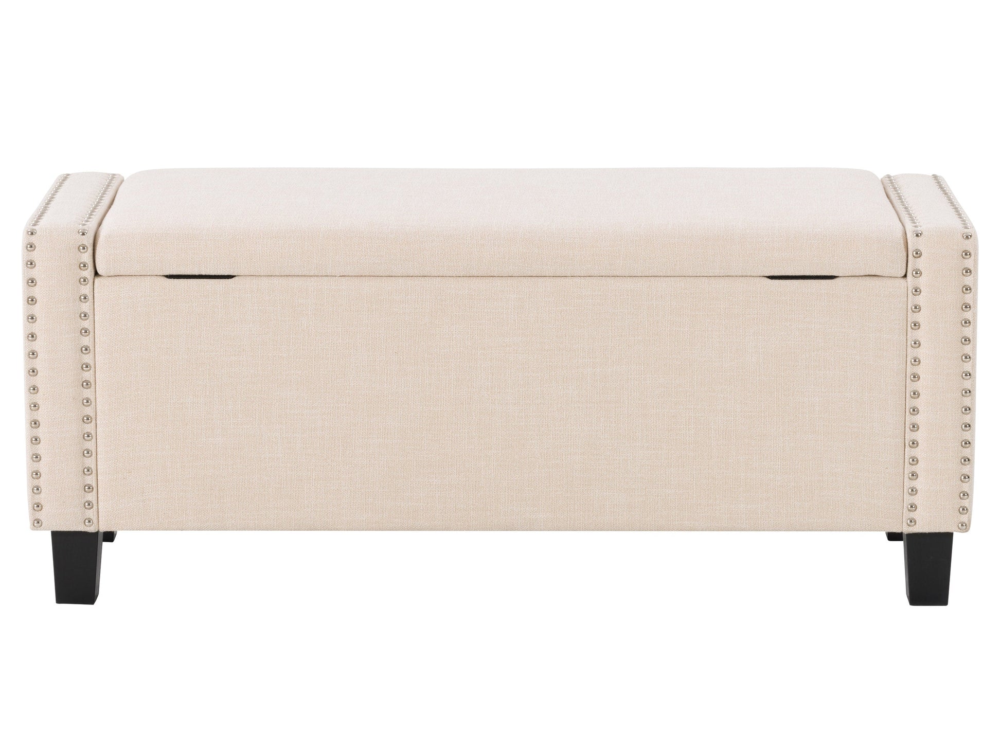 Beige storage ottoman with tufted top, wooden legs, and spacious interior compartment.