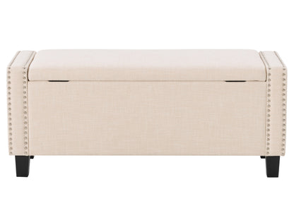 Beige storage ottoman with tufted top, wooden legs, and spacious interior compartment.