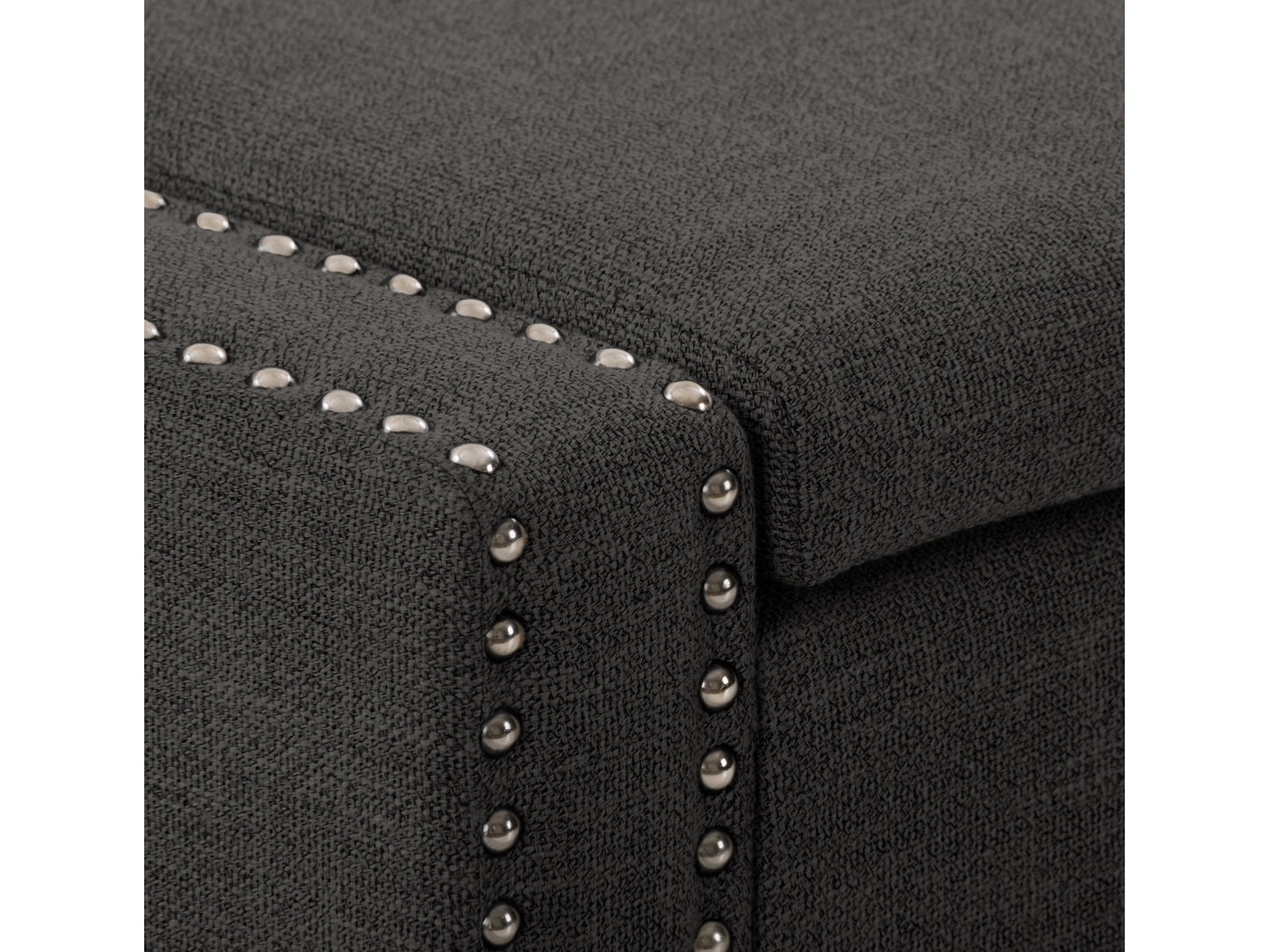 Dark grey storage ottoman with tufted top, wooden legs, and spacious interior for modern living rooms.