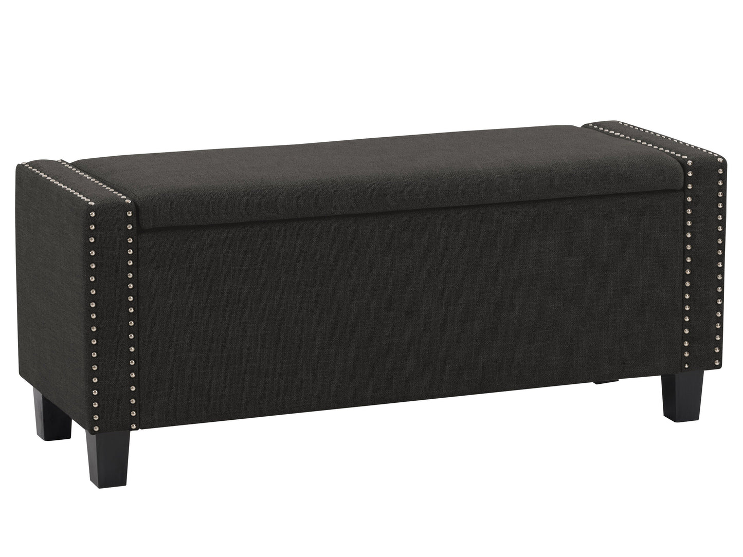 Dark grey fabric storage ottoman with tufted cushion and wooden legs.