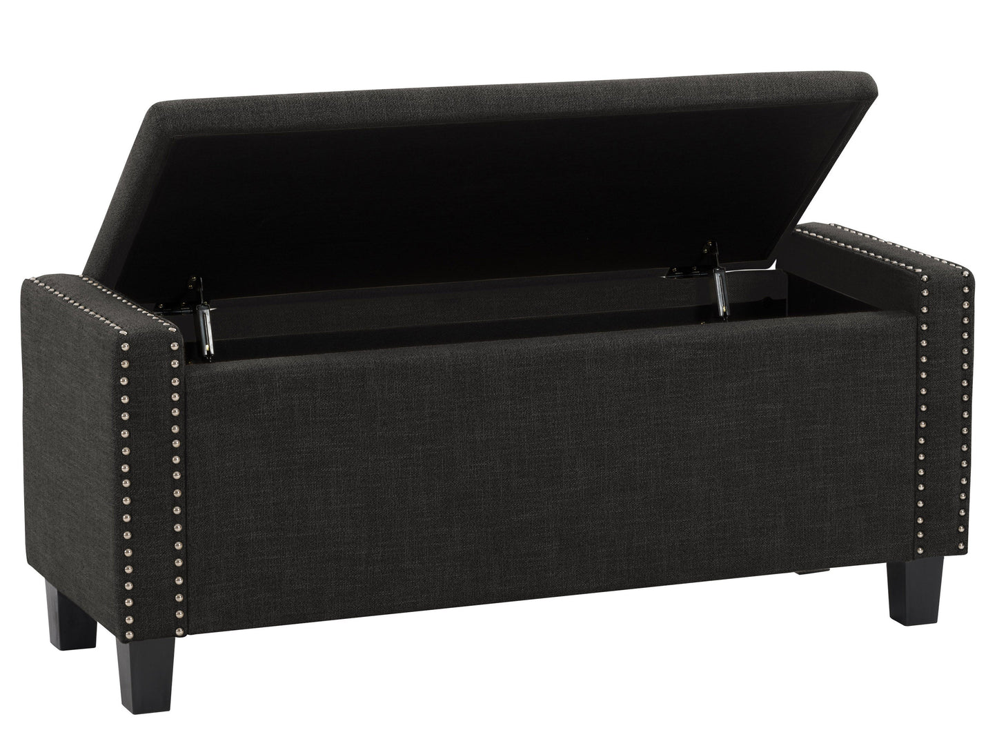 Dark grey storage ottoman with tufted fabric, wooden legs, and spacious interior compartment.