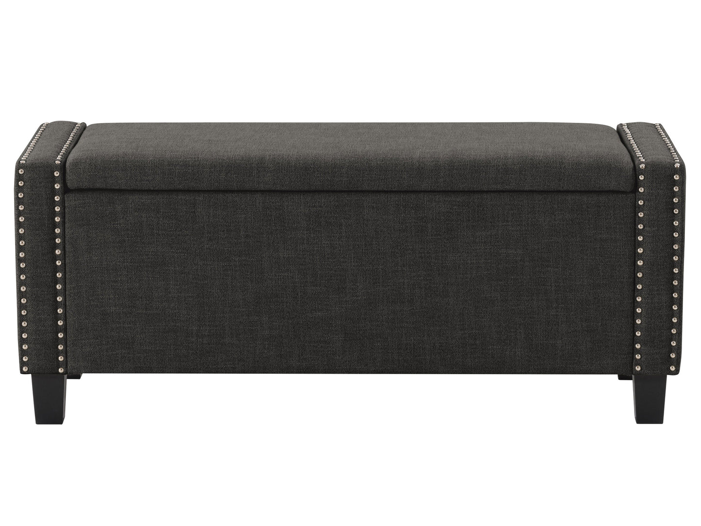 Dark grey storage ottoman with fabric upholstery, tufted top, wooden legs, and hidden storage compartment.