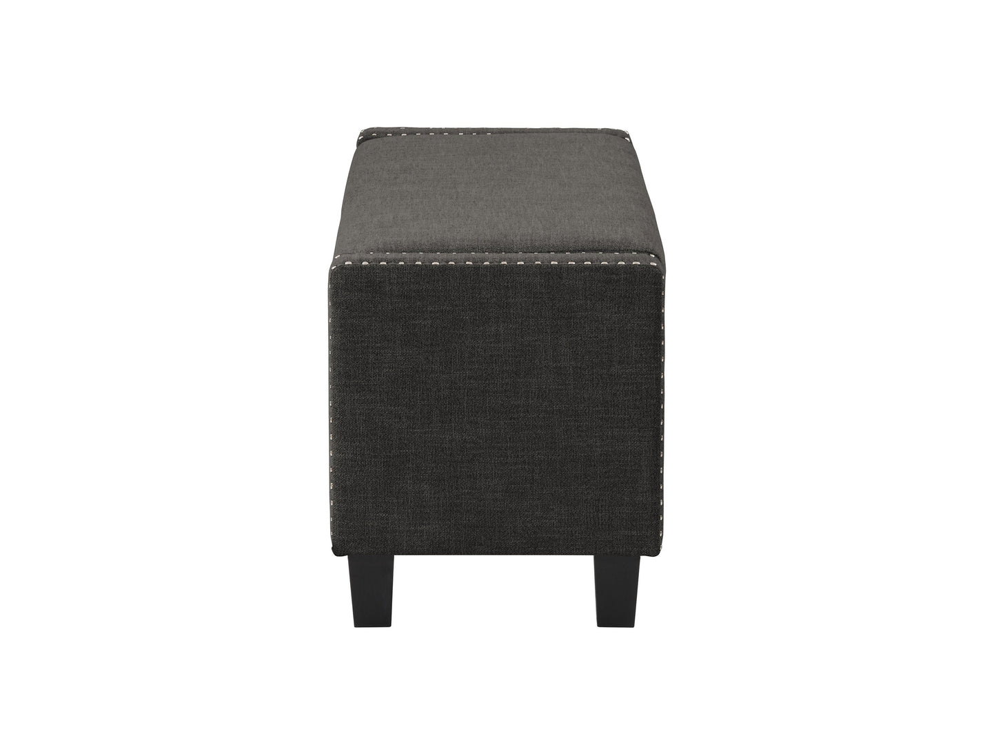 Dark grey storage ottoman with tufted fabric, wooden legs, and versatile design for living room or bedroom.