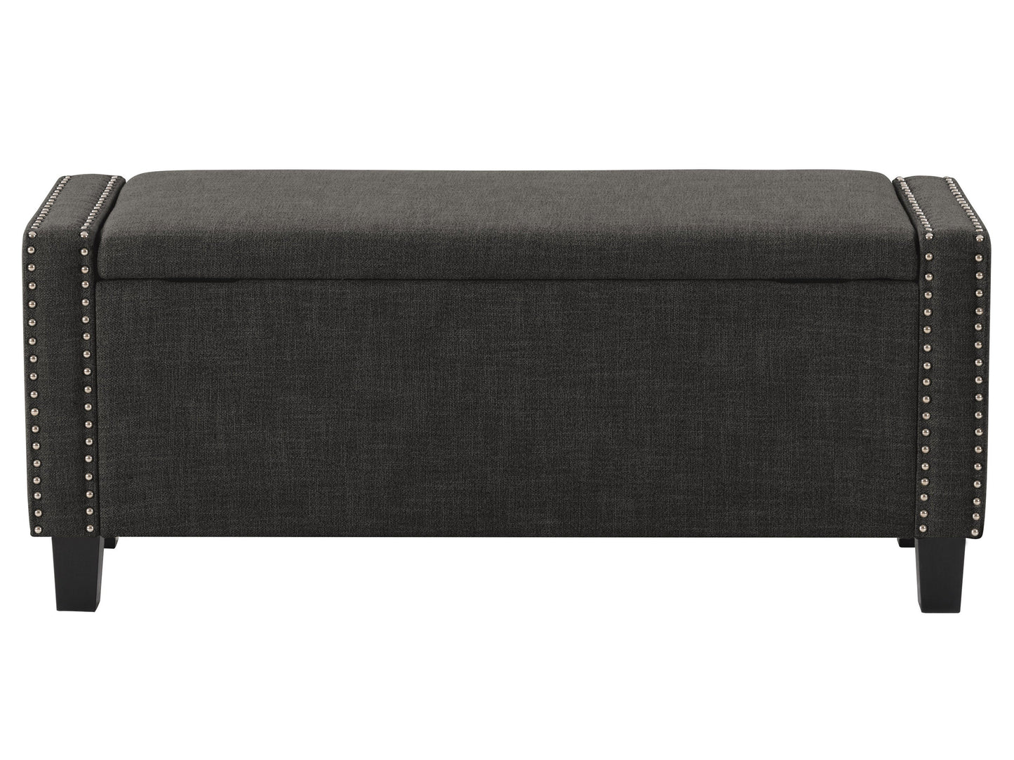 Dark grey storage ottoman with tufted fabric, padded top, and wooden legs.