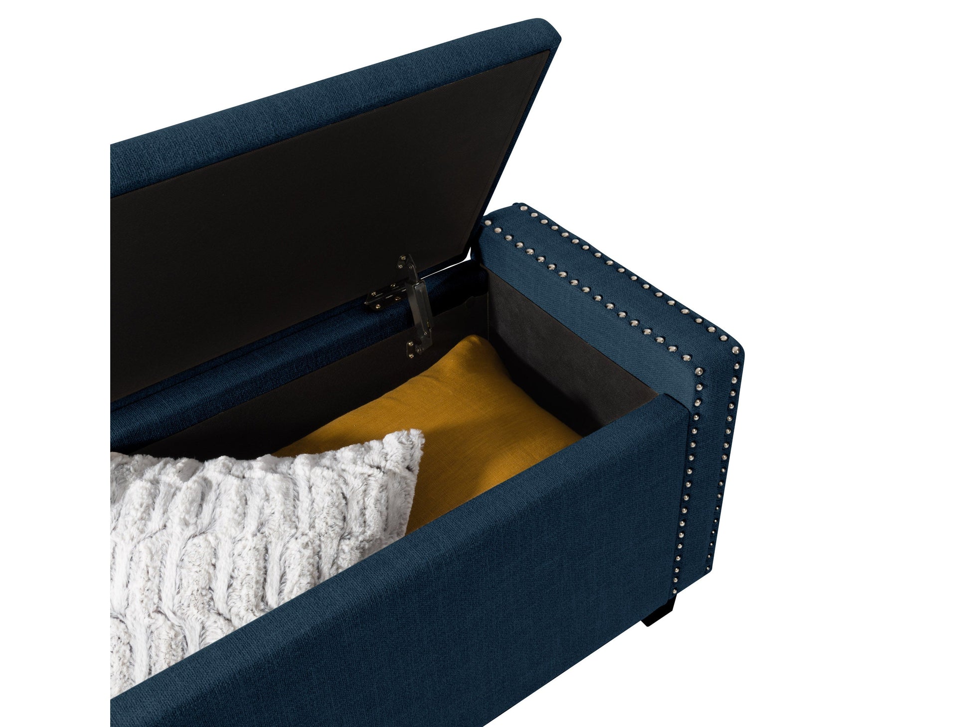 Navy blue storage ottoman with tufted cushion, wooden legs, and spacious interior compartment.