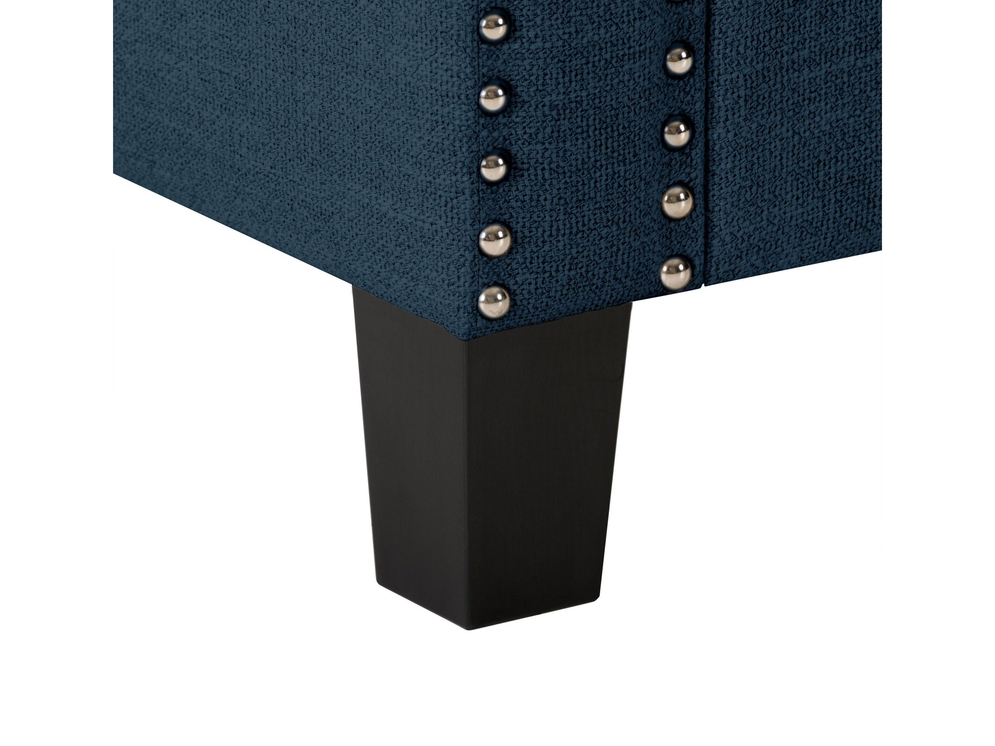 Navy blue storage ottoman with tufted fabric, wooden legs, and hidden compartment.