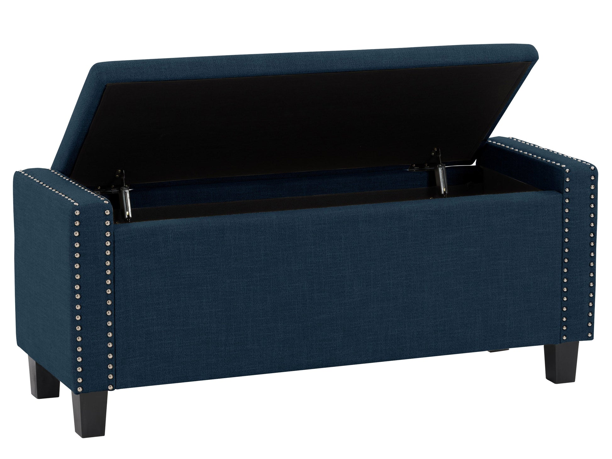 Navy blue storage ottoman with tufted fabric, wooden legs, and hidden compartment for extra storage.