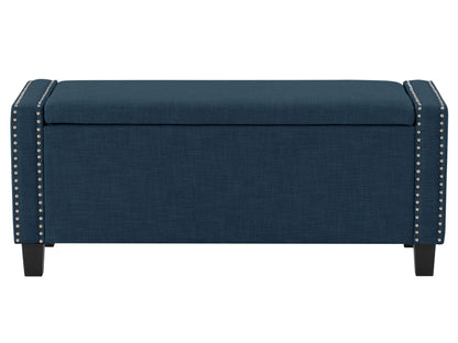 Navy blue storage ottoman with tufted fabric, wooden legs, and a spacious interior compartment.