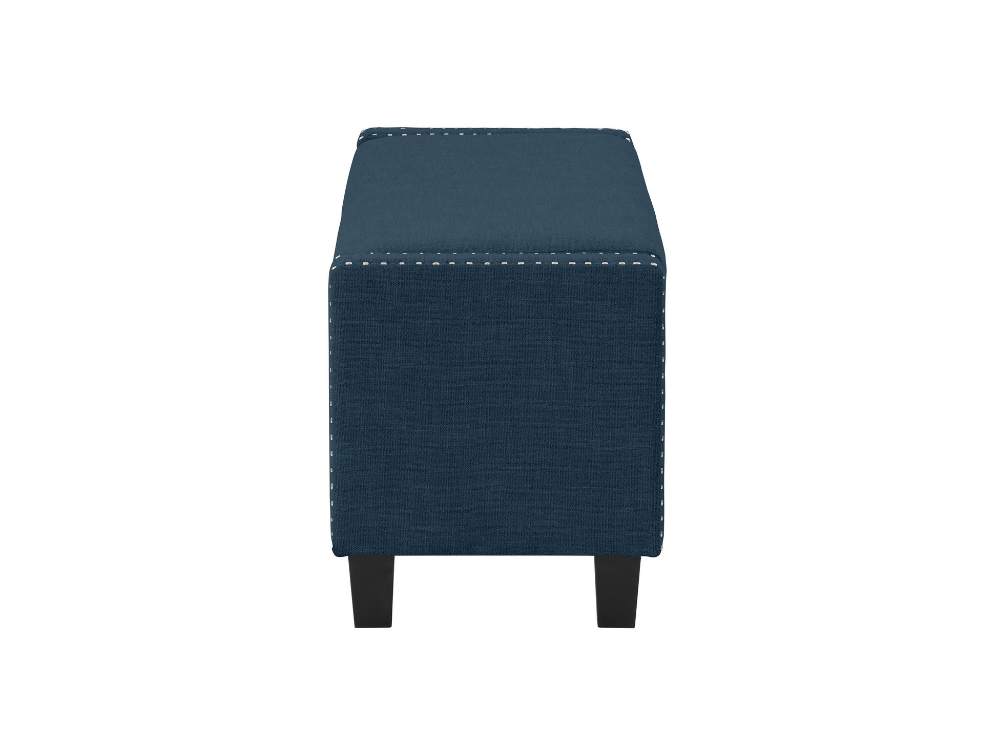 Navy blue storage ottoman with tufted fabric, wooden legs, and hidden compartment for versatile home decor.