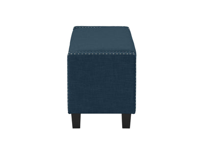 Navy blue storage ottoman with tufted fabric, wooden legs, and hidden compartment for versatile home decor.