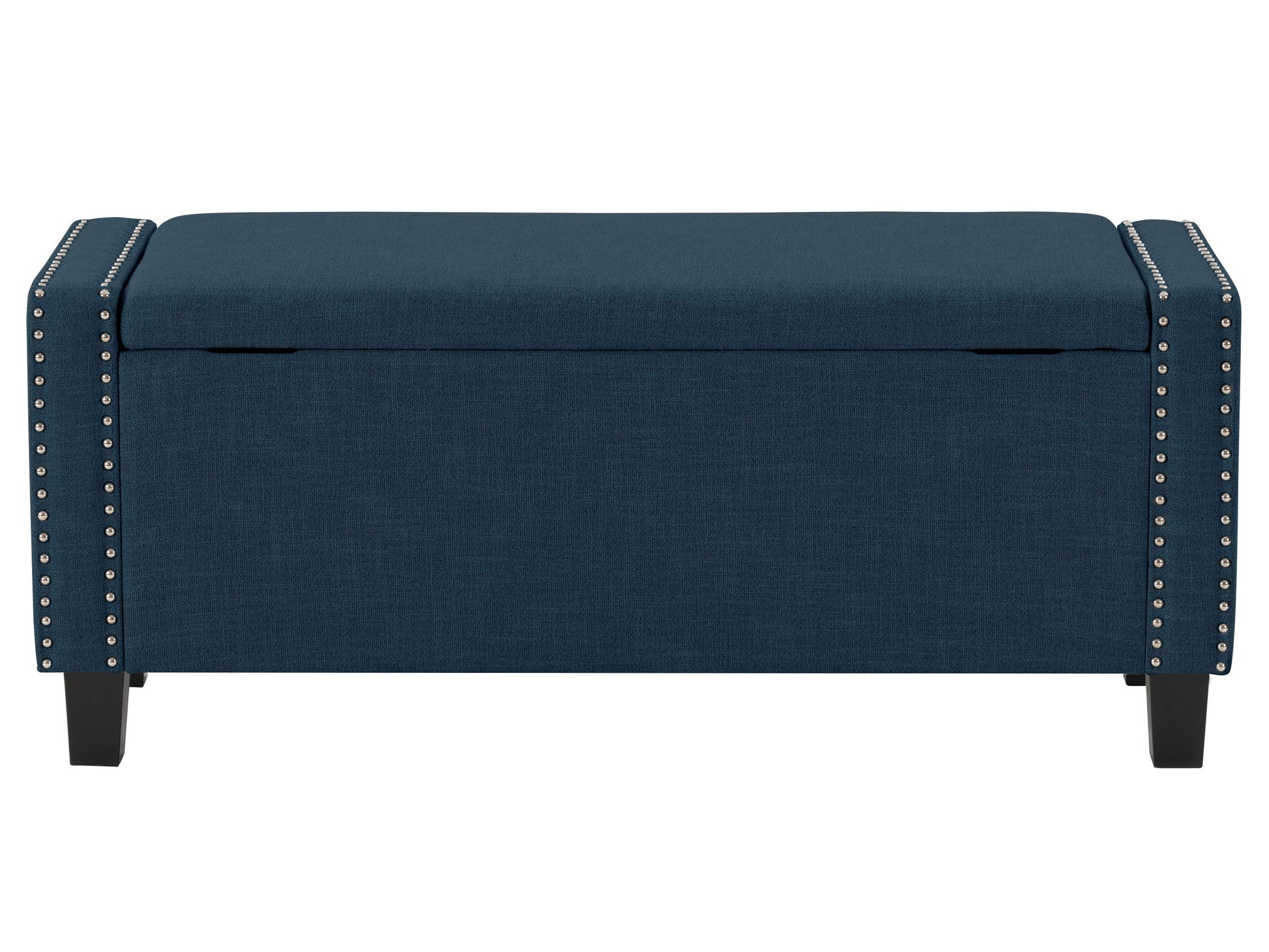 Navy blue storage ottoman with tufted fabric, wooden legs, and hidden compartment for versatile home decor.