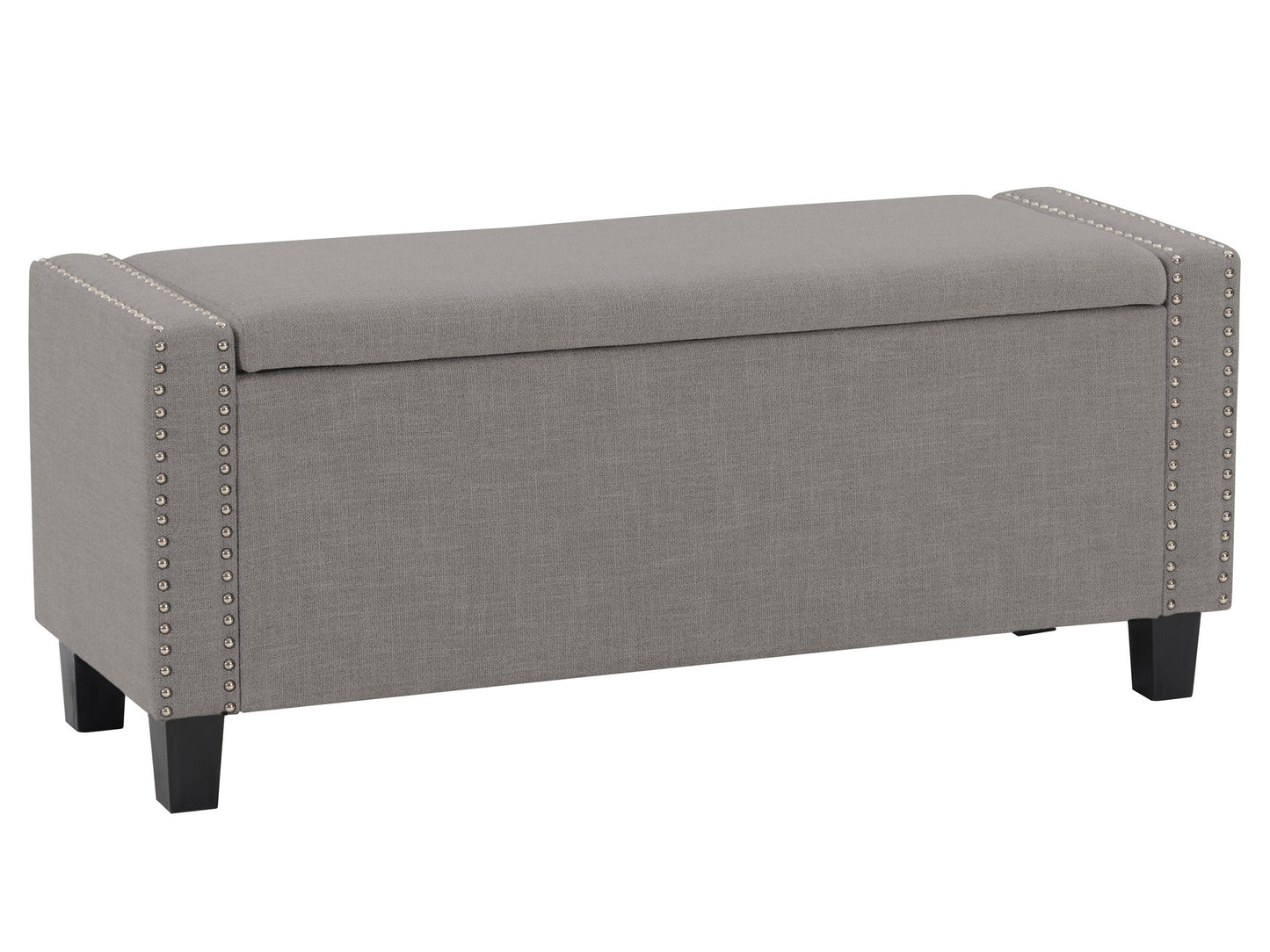 Light grey storage ottoman with tufted fabric upholstery and wooden legs.