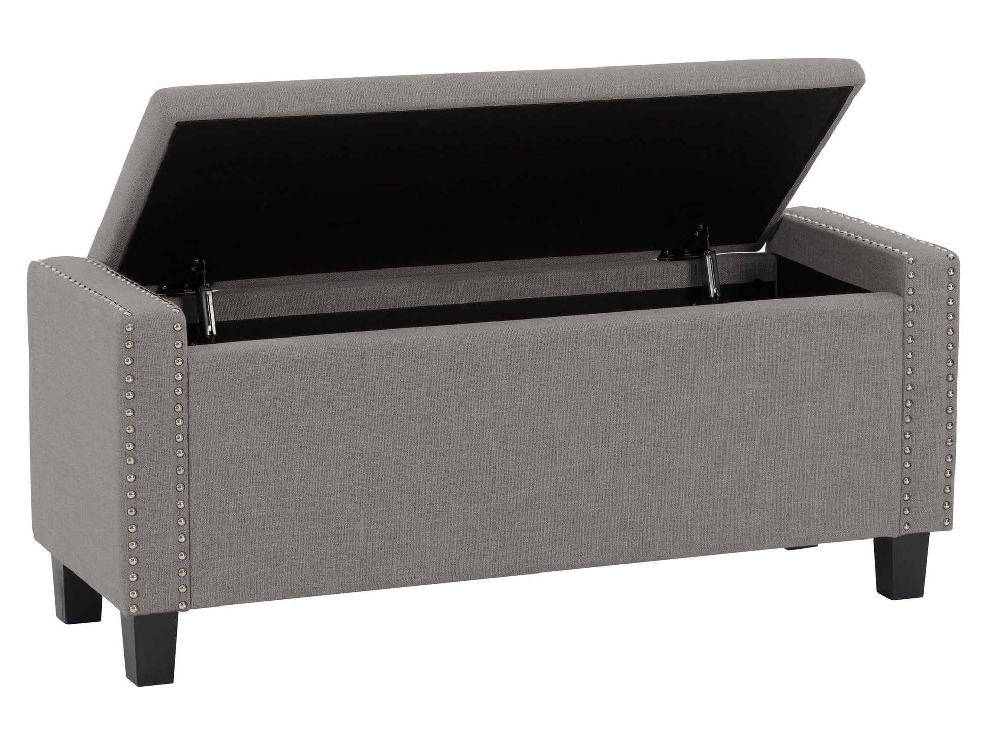 Light grey storage ottoman with tufted fabric, wooden legs, and spacious interior compartment.