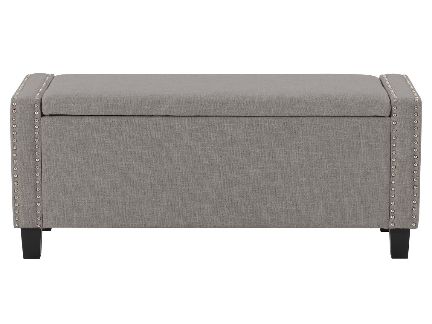 Light grey storage ottoman with fabric upholstery and wooden legs, perfect for modern living rooms.