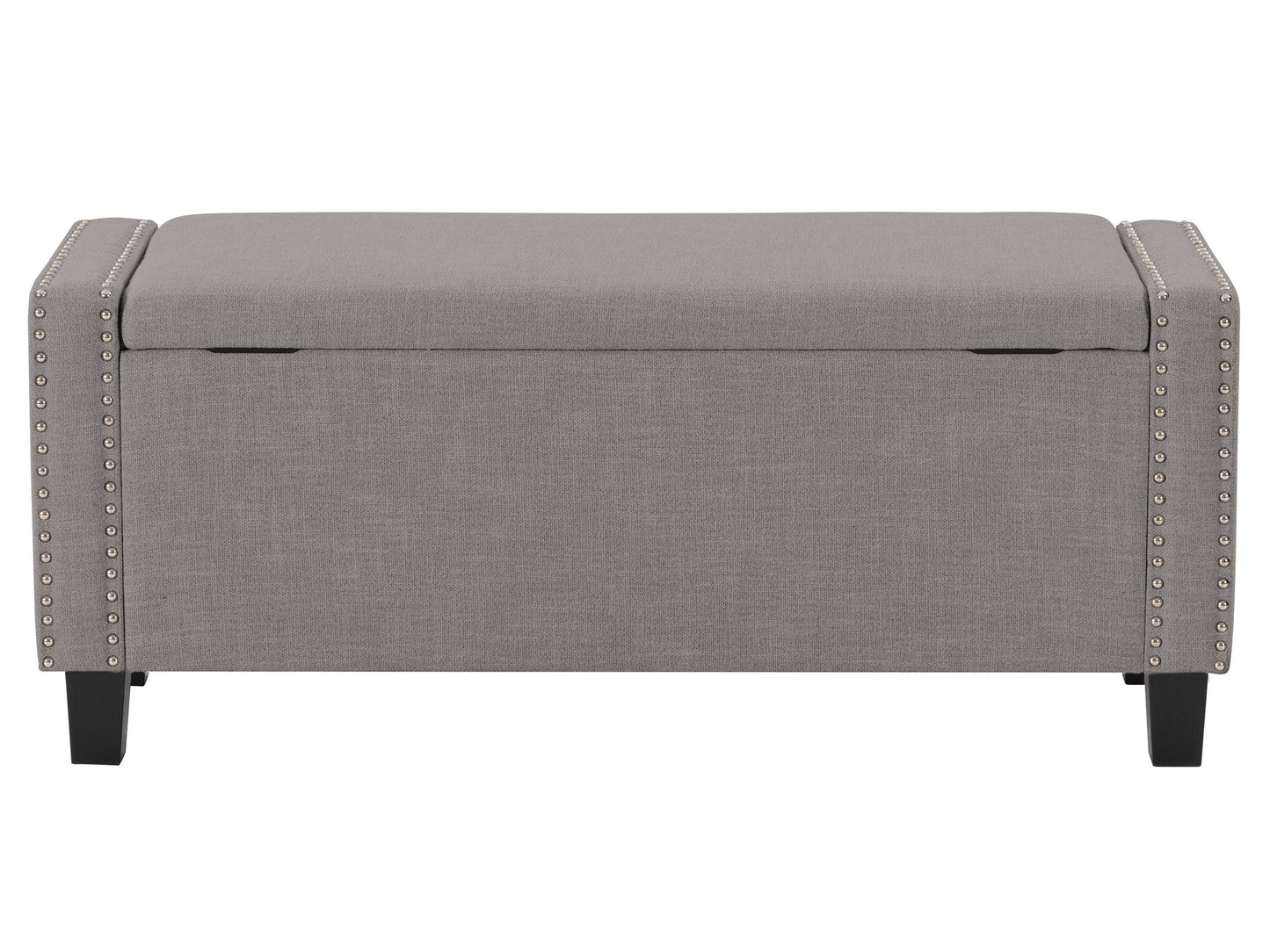 Light grey storage ottoman with tufted fabric, wooden legs, and a spacious interior compartment.