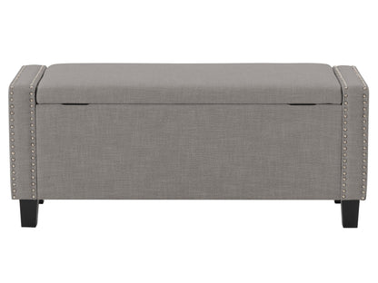 Light grey storage ottoman with tufted fabric, wooden legs, and a spacious interior compartment.