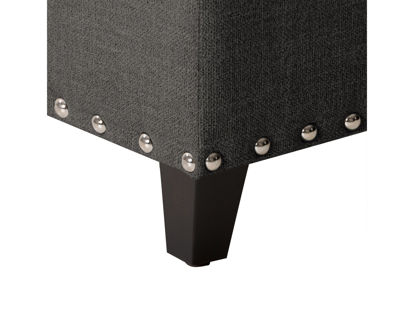 Dark grey tufted storage ottoman with wooden legs, fabric upholstery, and spacious interior compartment.