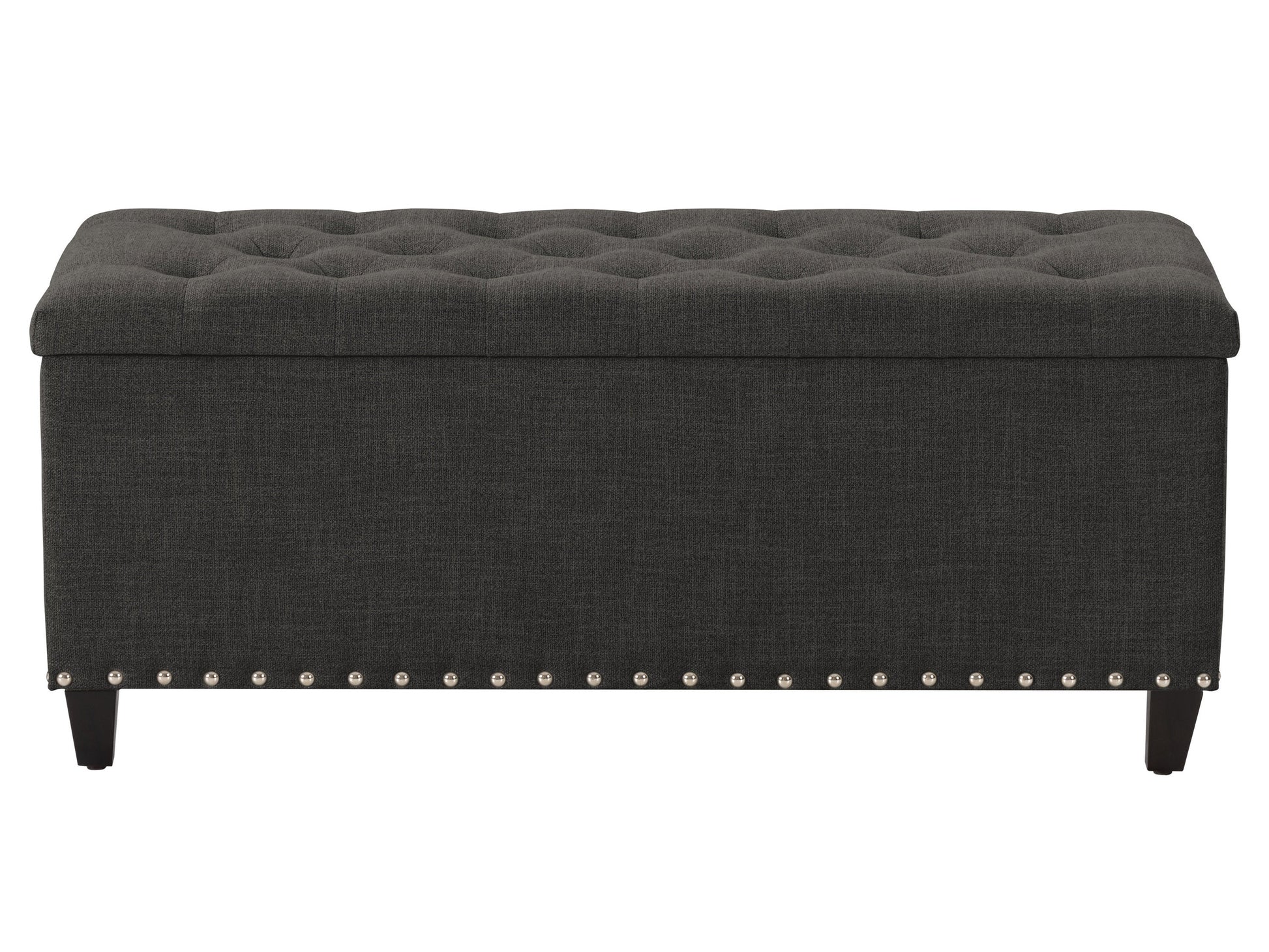 Dark grey tufted storage ottoman with wooden legs and spacious interior compartment.