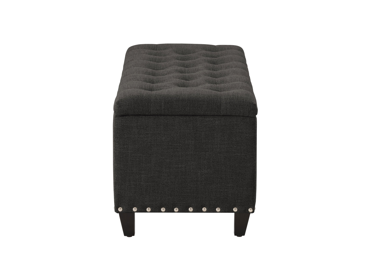 Dark grey tufted storage ottoman with wooden legs and a minimalist design.