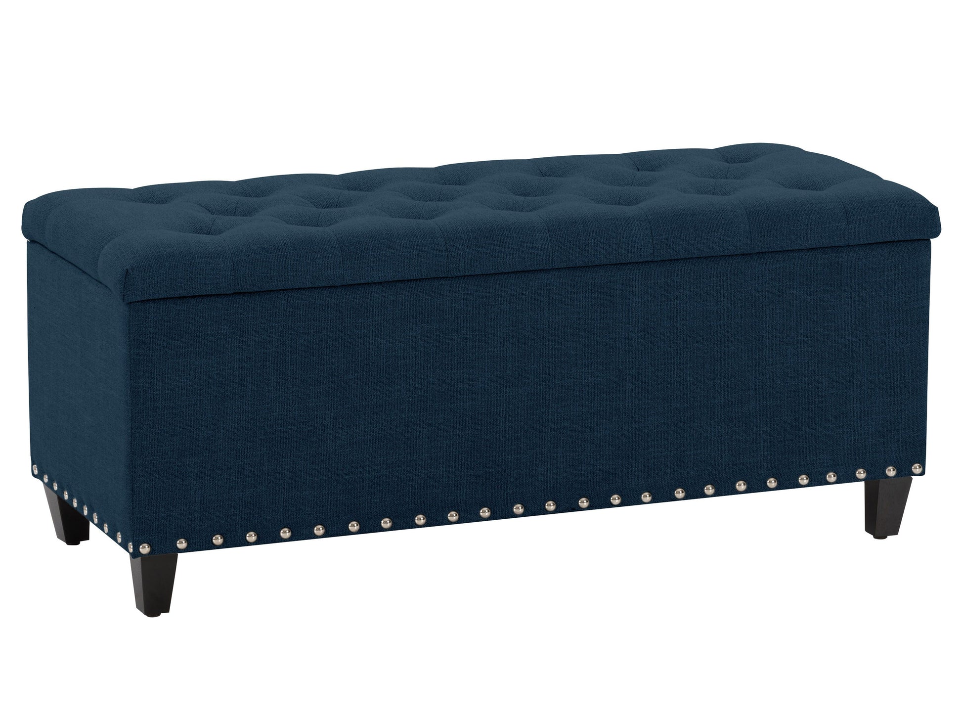 Navy blue tufted storage ottoman with wooden legs and plush fabric upholstery.