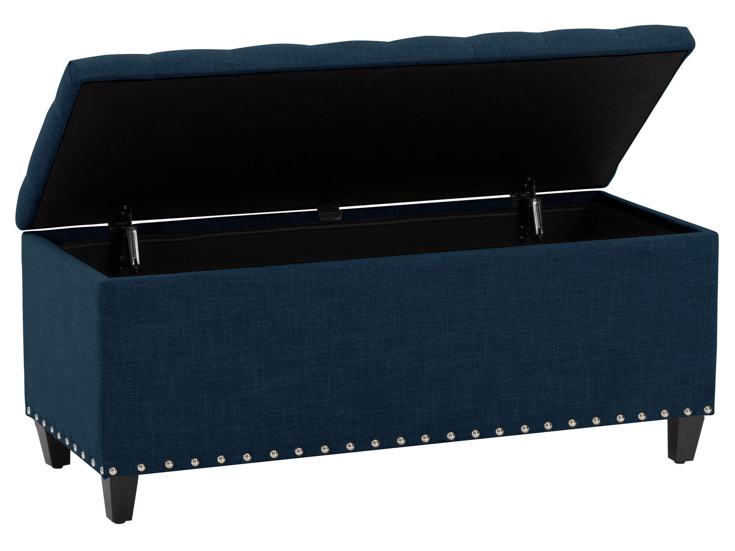 Navy blue tufted storage ottoman with soft fabric and wooden legs.