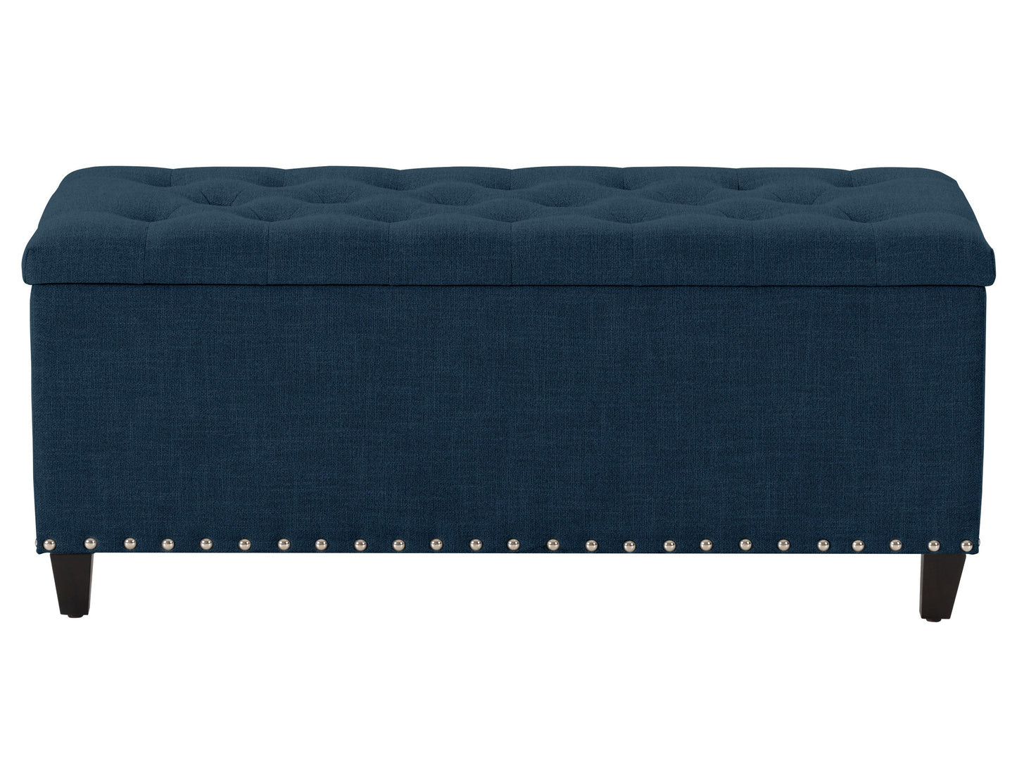 Navy blue tufted storage ottoman with wooden legs and fabric upholstery, perfect for living room or bedroom decor.