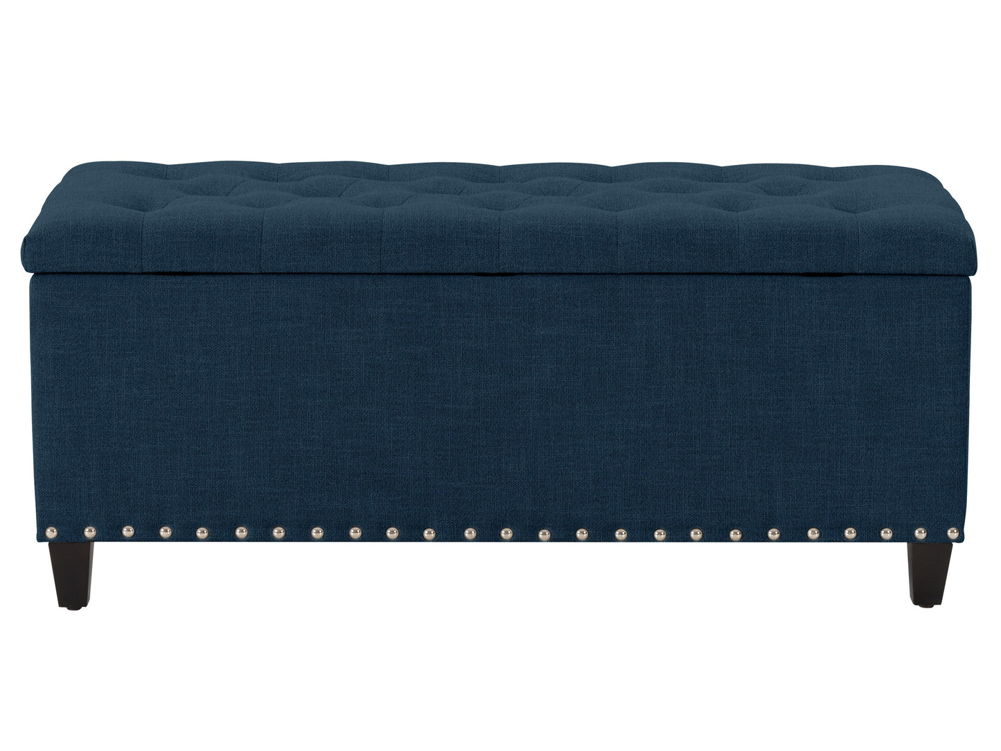 Navy blue tufted storage ottoman with wooden legs and elegant design for modern living rooms.