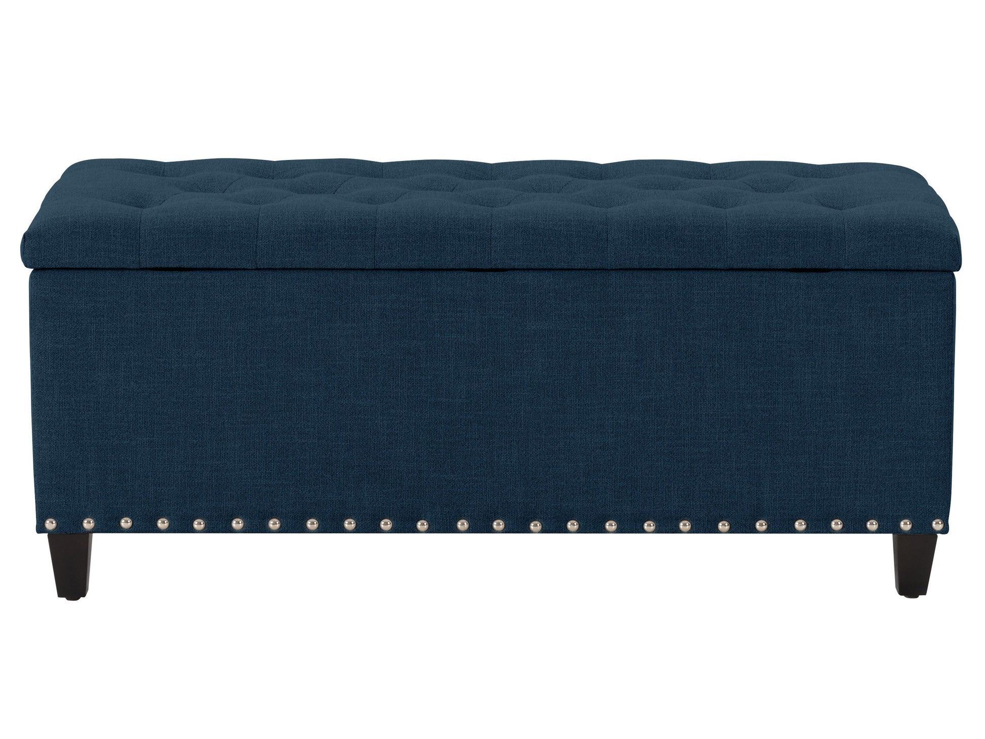 Navy blue tufted storage ottoman with wooden legs and elegant design for modern living rooms.